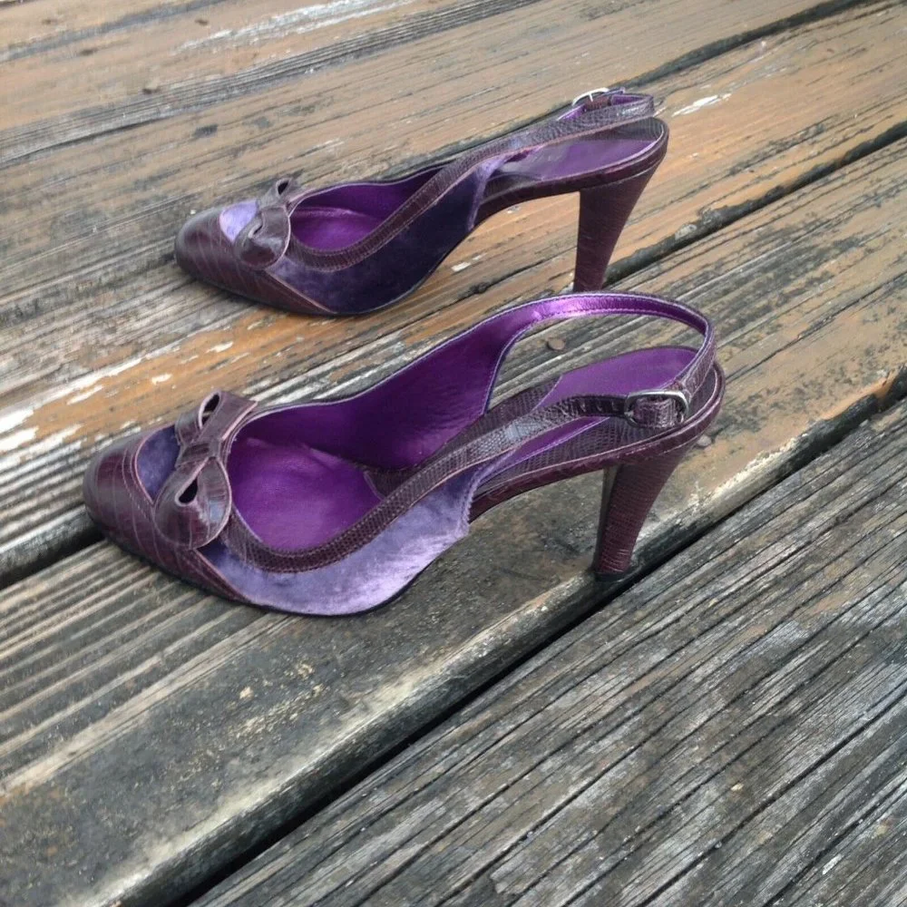 Gianni Bini Purple Leather Velvet Heels Size 7.5 SlingBack Round Toe Bow Shoes